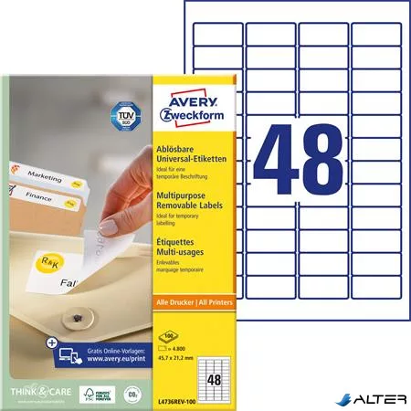 Etikett, univerzális, eltávolítható, 45,7x21,2 mm, AVERY ZWECKFORM, 4800 etikett/csomag