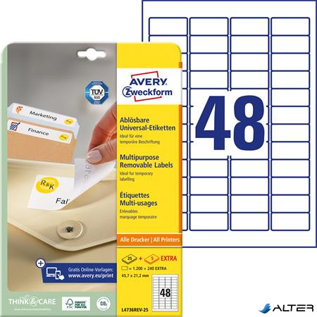 Etikett, univerzális, eltávolítható, 45,7x21,2 mm, AVERY ZWECKFORM, 1440 etikett/csomag