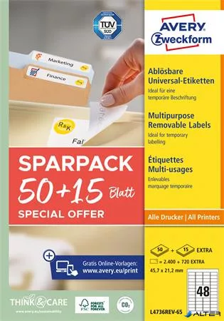 Etikett, univerzális, eltávolítható, 45,7x21,2 mm, AVERY ZWECKFORM, 'Sparpack', 3120 etikett/csomag