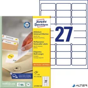   Etikett, univerzális, eltávolítható, 63,5x29,6 mm, AVERY ZWECKFORM, 2700 etikett/csomag
