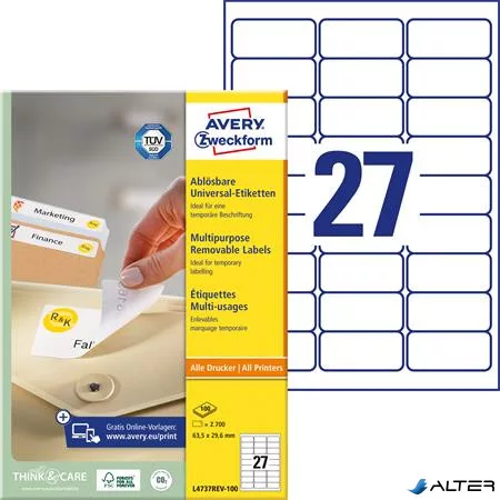 Etikett, univerzális, eltávolítható, 63,5x29,6 mm, AVERY ZWECKFORM, 2700 etikett/csomag
