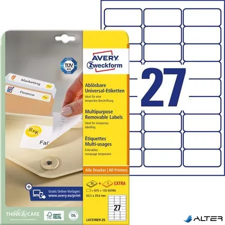 Etikett, univerzális, eltávolítható, 63,5x29,6 mm, AVERY ZWECKFORM, 810 etikett/csomag