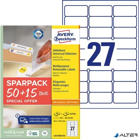 Etikett, univerzális, eltávolítható, 63,5x29,6 mm, AVERY ZWECKFORM, 'Sparpack', 1755 etikett/csomag