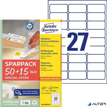 Etikett, univerzális, eltávolítható, 63,5x29,6 mm, AVERY ZWECKFORM, "Sparpack", 1755 etikett/csomag