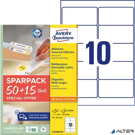 Etikett, univerzális, eltávolítható, 96x50,8 mm, AVERY ZWECKFORM, 'Sparpack', 650 etikett/csomag