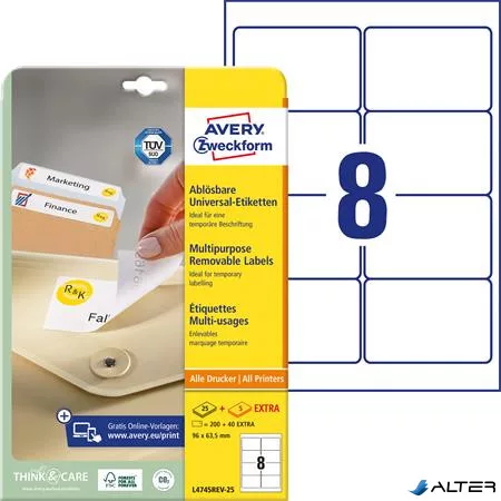 Etikett, univerzális, eltávolítható, 96x63,5 mm, AVERY ZWECKFORM, 240 etikett/csomag