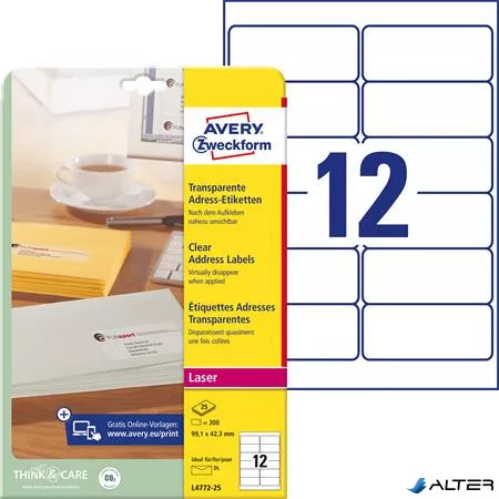 Etikett, 99,1x42,3 mm, poliészter, AVERY ZWECKFORM, átlátszó, 300 etikett/csomag