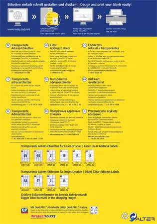 Etikett, 99,1x42,3 mm, poliészter, AVERY ZWECKFORM, átlátszó, 300 etikett/csomag
