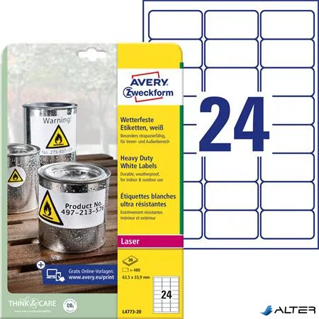 Etikett, 63,5x33,9 mm, poliészter, időjárásálló, AVERY ZWECKFORM, fehér, 480 etikett/csomag