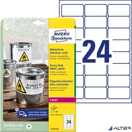 Etikett, 63,5x33,9 mm, poliészter, időjárásálló, AVERY ZWECKFORM, fehér, 480 etikett/csomag