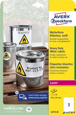 Etikett, 210x297 mm, poliészter, időjárásálló, 210x297 mm, AVERY ZWECKFORM, fehér, 20 etikett/csomag