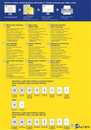 Etikett, 210x297 mm, poliészter, időjárásálló, 210x297 mm, AVERY ZWECKFORM, fehér, 20 etikett/csomag