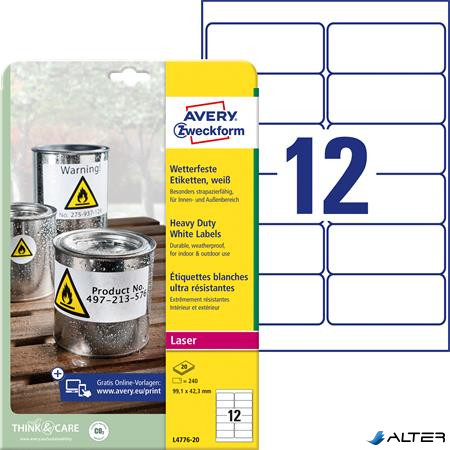 Etikett, 99,1x42,3 mm, poliészter, időjárásálló, AVERY ZWECKFORM, fehér, 240 etikett/csomag