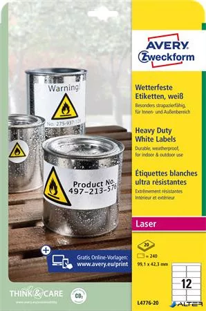 Etikett, 99,1x42,3 mm, poliészter, időjárásálló, AVERY ZWECKFORM, fehér, 240 etikett/csomag