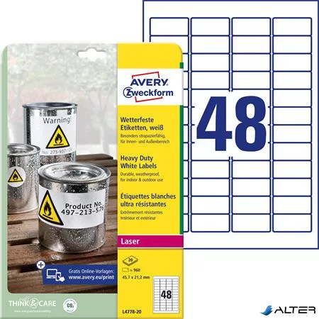 Etikett, 45,7x21,2 mm, poliészter, időjárásálló, AVERY ZWECKFORM, fehér, 960 etikett/csomag