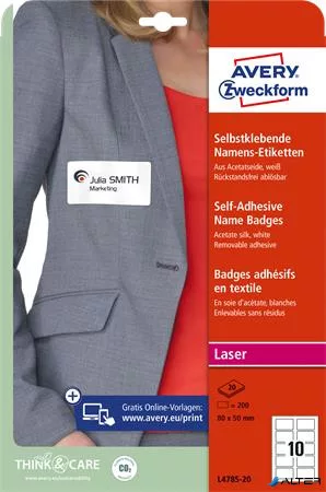 Etikett, eltávolítható, kerekített sarkú, 80x50 mm, textilhez, AVERY ZWECKFORM, 200 etikett/csomag