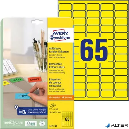 Etikett, univerzális, 38,1x 21,2mm, eltávolítható, kerekített sarkú, AVERY ZWECKFORM, 1300 etikett/csomag, sárga