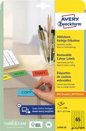 Etikett, univerzális, 38,1x 21,2mm, eltávolítható, kerekített sarkú, AVERY ZWECKFORM, 1300 etikett/csomag, sárga