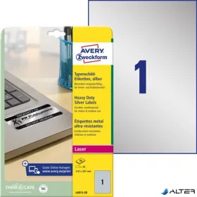  Etikett, 210x297 mm, poliészter, időjárásálló, AVERY ZWECKOFRM, ezüst, 20 etikett/csomag