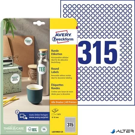 Etikett, univerzális, 10 mm, kör, eltávolítható, AVERY ZWECKFORM, 7875 etikett/csomag