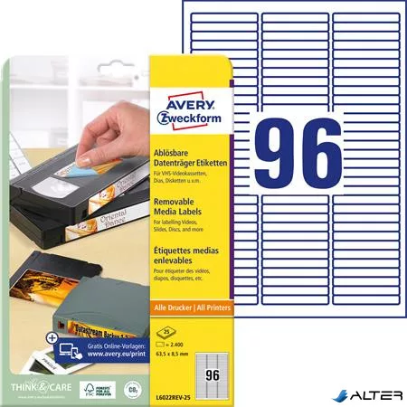 Etikett, univerzális, 63,5x8,5 mm, eltávolítható, kerekített sarkú, AVERY ZWECKFORM, 2400 etikett/csomag