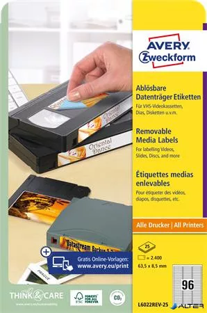 Etikett, univerzális, 63,5x8,5 mm, eltávolítható, kerekített sarkú, AVERY ZWECKFORM, 2400 etikett/csomag