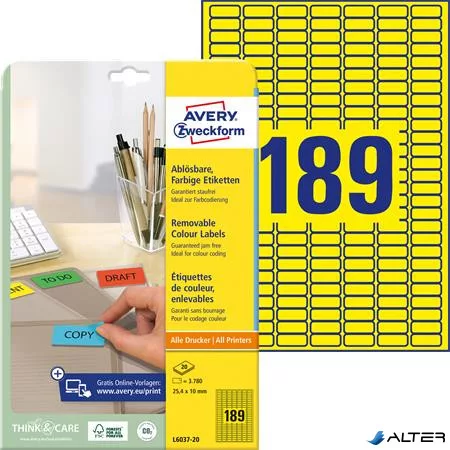 Etikett, univerzális, 25,4x10 mm, eltávolítható, kerekített sarkú, AVERY ZWECKFORM, 3780 etikett/csomag, sárga