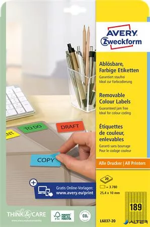 Etikett, univerzális, 25,4x10 mm, eltávolítható, kerekített sarkú, AVERY ZWECKFORM, 3780 etikett/csomag, sárga