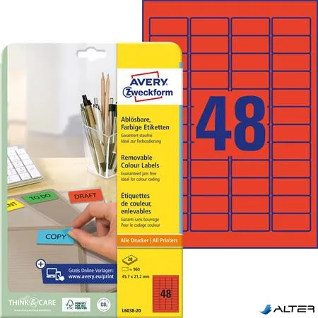 Etikett, univerzális, 45,7x21,2 mm, eltávolítható, kerekített sarkú, AVERY ZWECKFORM, 960 etikett/csomag, piros