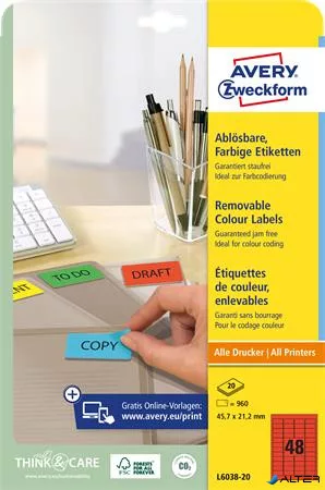 Etikett, univerzális, 45,7x21,2 mm, eltávolítható, kerekített sarkú, AVERY ZWECKFORM, 960 etikett/csomag, piros