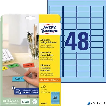 Etikett, univerzális, 45,7x21,2 mm, eltávolítható, kerekített sarkú, AVERY ZWECKFORM, 960 etikett/csomag, kék