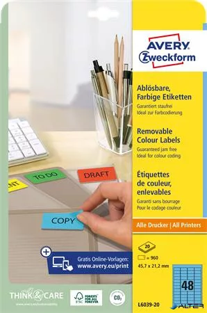 Etikett, univerzális, 45,7x21,2 mm, eltávolítható, kerekített sarkú, AVERY ZWECKFORM, 960 etikett/csomag, kék