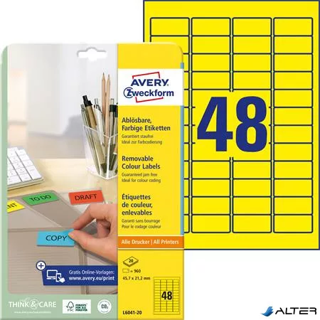 Etikett, univerzális, 45,7x21,2 mm, eltávolítható, kerekített sarkú, AVERY ZWECKFORM, 960 etikett/csomag, sárga