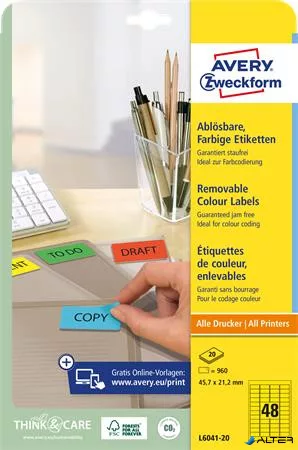 Etikett, univerzális, 45,7x21,2 mm, eltávolítható, kerekített sarkú, AVERY ZWECKFORM, 960 etikett/csomag, sárga