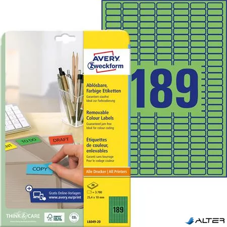 Etikett, univerzális, 25,4x10 mm, eltávolítható, kerekített sarkú, AVERY ZWECKFORM, 3780 etikett/csomag, zöld