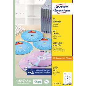Etikett, CD/DVD, 117 mm, AVERY ZWECKFORM, 200 etikett/csomag