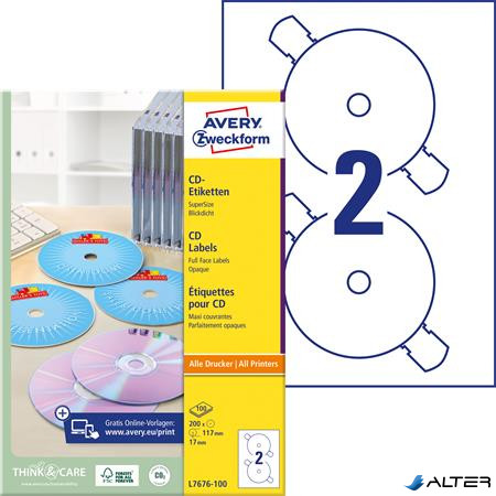 Etikett, CD/DVD, 117 mm, AVERY ZWECKFORM, 200 etikett/csomag