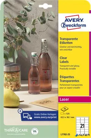 Etikett, 63,5x38,1 mm, poliészter, AVERY ZWECKFORM, átlátszó, 525 etikett/csomag