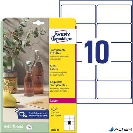 Etikett, 96x50,8 mm, poliészter, AVERY ZWECKFORM, átlátszó, 250 etikett/csomag