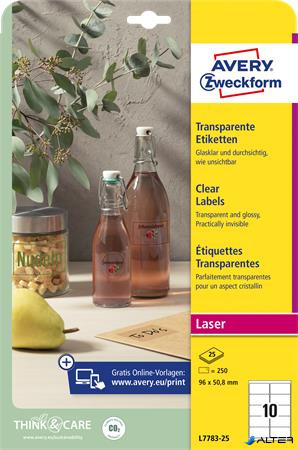 Etikett, 96x50,8 mm, poliészter, AVERY ZWECKFORM, átlátszó, 250 etikett/csomag