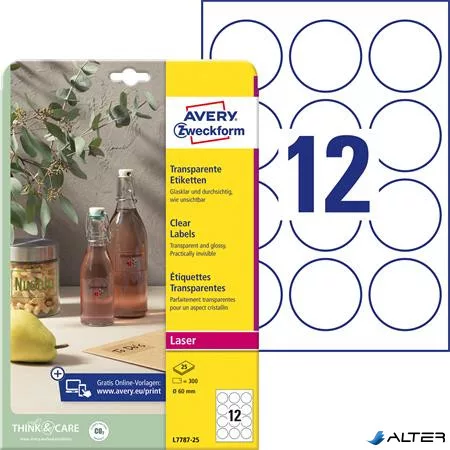 Etikett, 60 mm, kör, poliészter, AVERY ZWECKFORM, átlátszó, 300 etikett/csomag