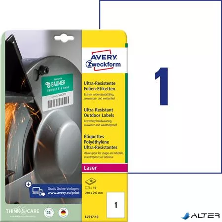 Etikett, univerzális, 210x297 mm, extra erős, polietilén, AVERY ZWECKFORM, 10 etikett/csomag