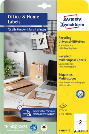 Etikett, univerzális, 210x148 mm, újrahasznosított, AVERY ZWECKFORM, 20 etikett/csomag