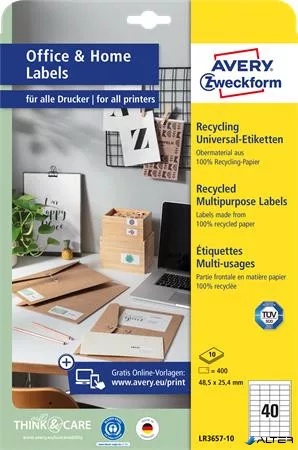 Etikett, univerzális, 48,5x25,4 mm, újrahasznosított, AVERY ZWECKFORM, 400 etikett/csomag