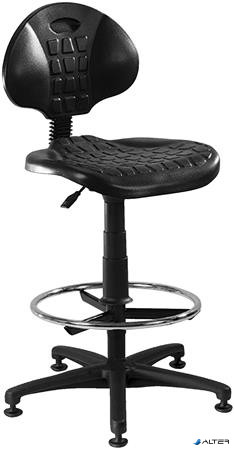 Munkaszék, háttámlás, műanyag ülőfelület, állítható lábtartó gyűrűvel'1290', fekete