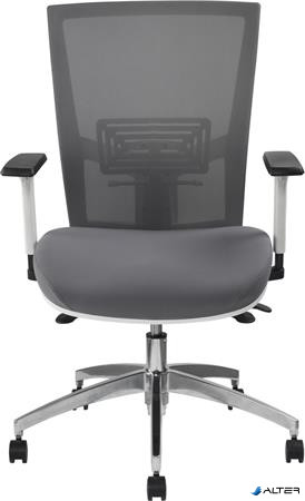 Irodai szék, karfás, hamuszürke szövet, feszített hálós háttámla, fehér váz, alumínium lábkereszt, MAYAH "Radar III"