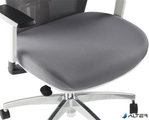 Irodai szék, karfás, hamuszürke szövet, feszített hálós háttámla, fehér váz, alumínium lábkereszt, MAYAH "Radar III"