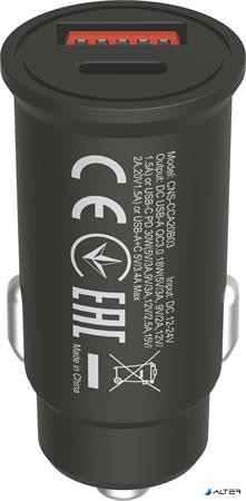 Autós töltő, USB-C/USB-A, QC 3.0 18W, PD 30W, CANYON "C-20B03"