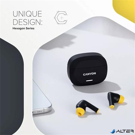Fülhallgató, TWS vezeték nélküli, Bluetooth 5.4, CANYON 'Hexagon 7', fekete-sárga