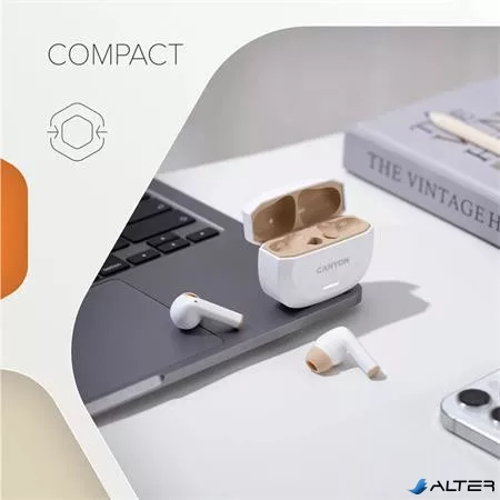 Fülhallgató, TWS vezeték nélküli, Bluetooth 5.4, CANYON 'Hexagon 7', fehér-bézs